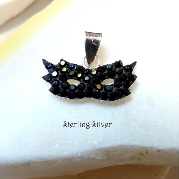 Sterling Silver Black Sequin CZ Face Mask Pendant - Masquerade-Unique Gift-FUN - Picture 1 of 7